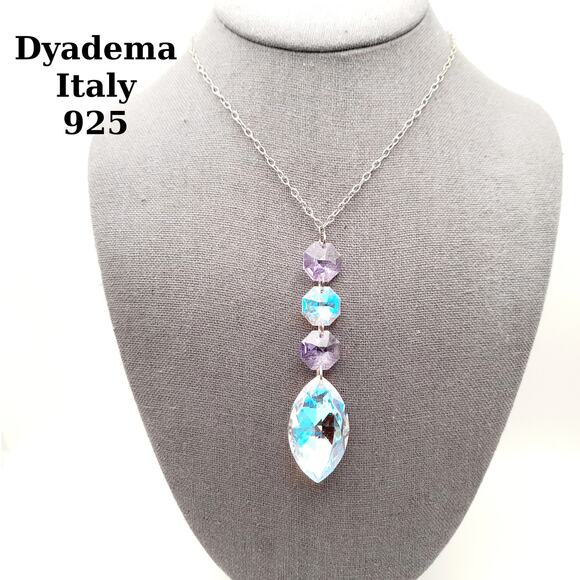Vintage Dyadema Silver 925 Italy Four Crystal Drop Pendant Necklace - Picture 1 of 10